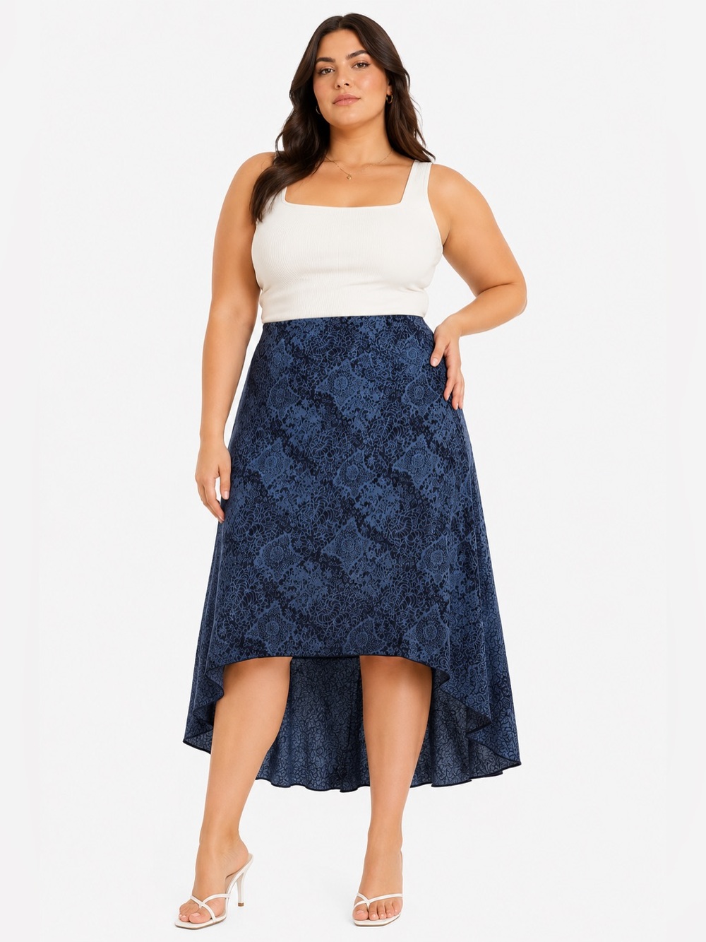 90s Vintage Norton McNaughton Floral Abstract High-Low Skirt Multi-Blue Size XL
